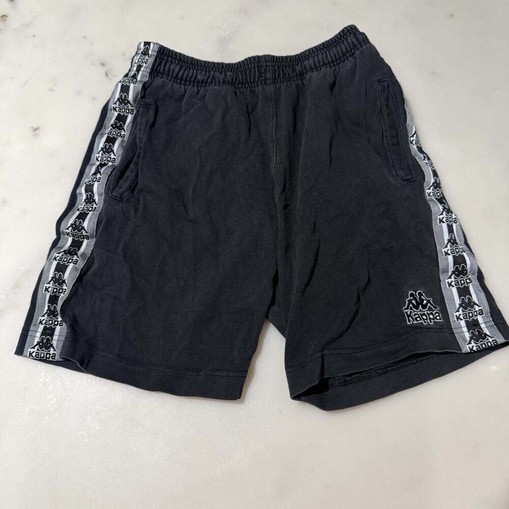 Kappa Vintage Men’s M Athletic Track Shorts Grey Logo Side Tape Stripe Black Y2K